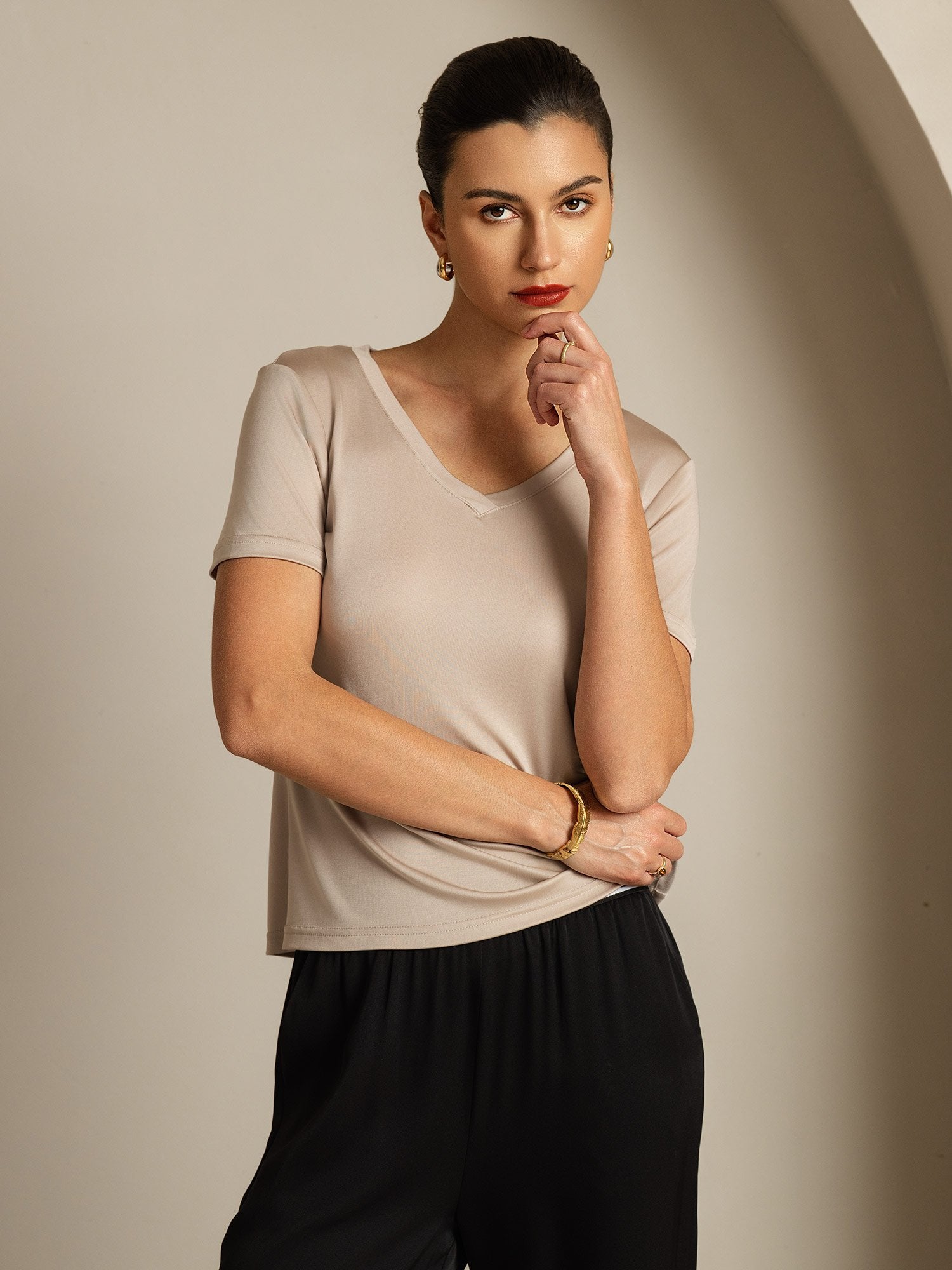 [LightKhaki] SilkSilky-AU Pure Silk V Neck Women's T-Shirt 007