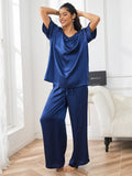 SilkSilky AU Pure Silk Short Sleeve V Neck Women's Pyjamas DarkBlue 003