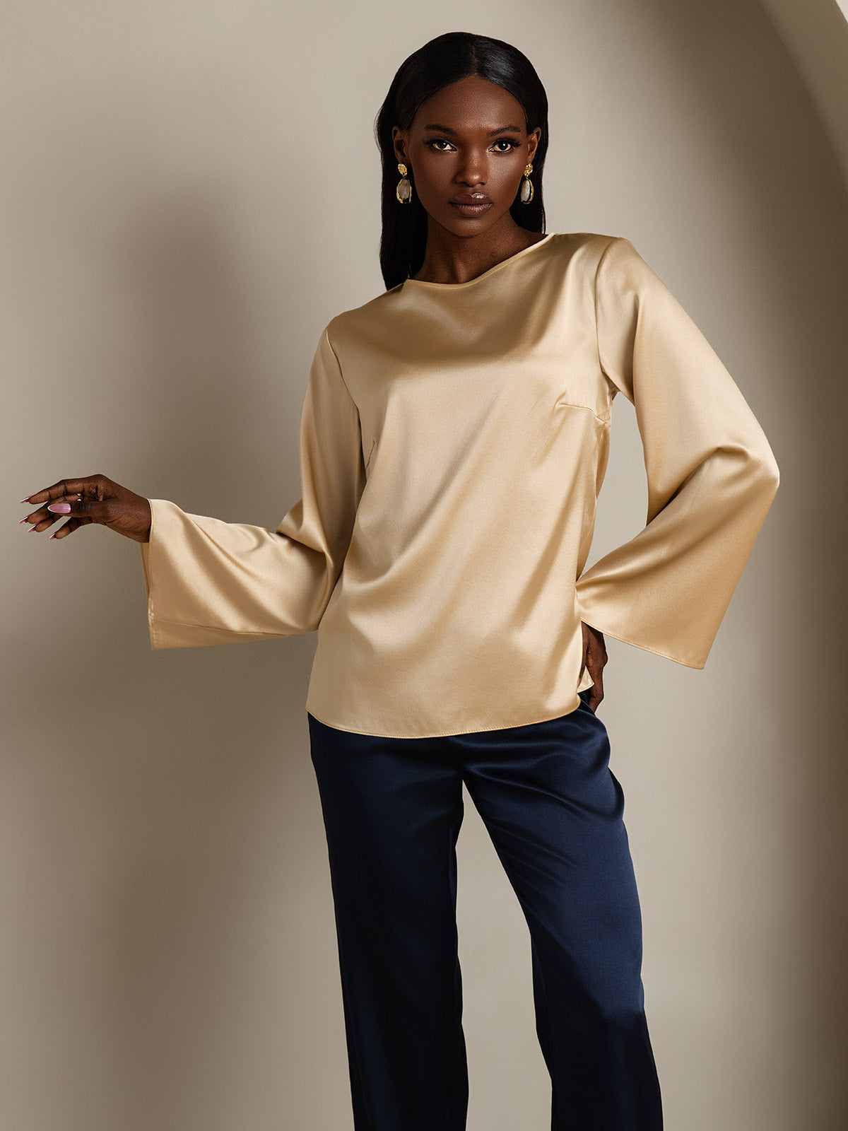 SilkSilky-AU 19Momme Silk Long Sleeve Round Neck Women's T-Shirt Champagne 001