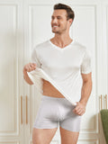 SilkSilky AU Silk Knitted Short Sleeve V Neck Men's T Shirt White 003