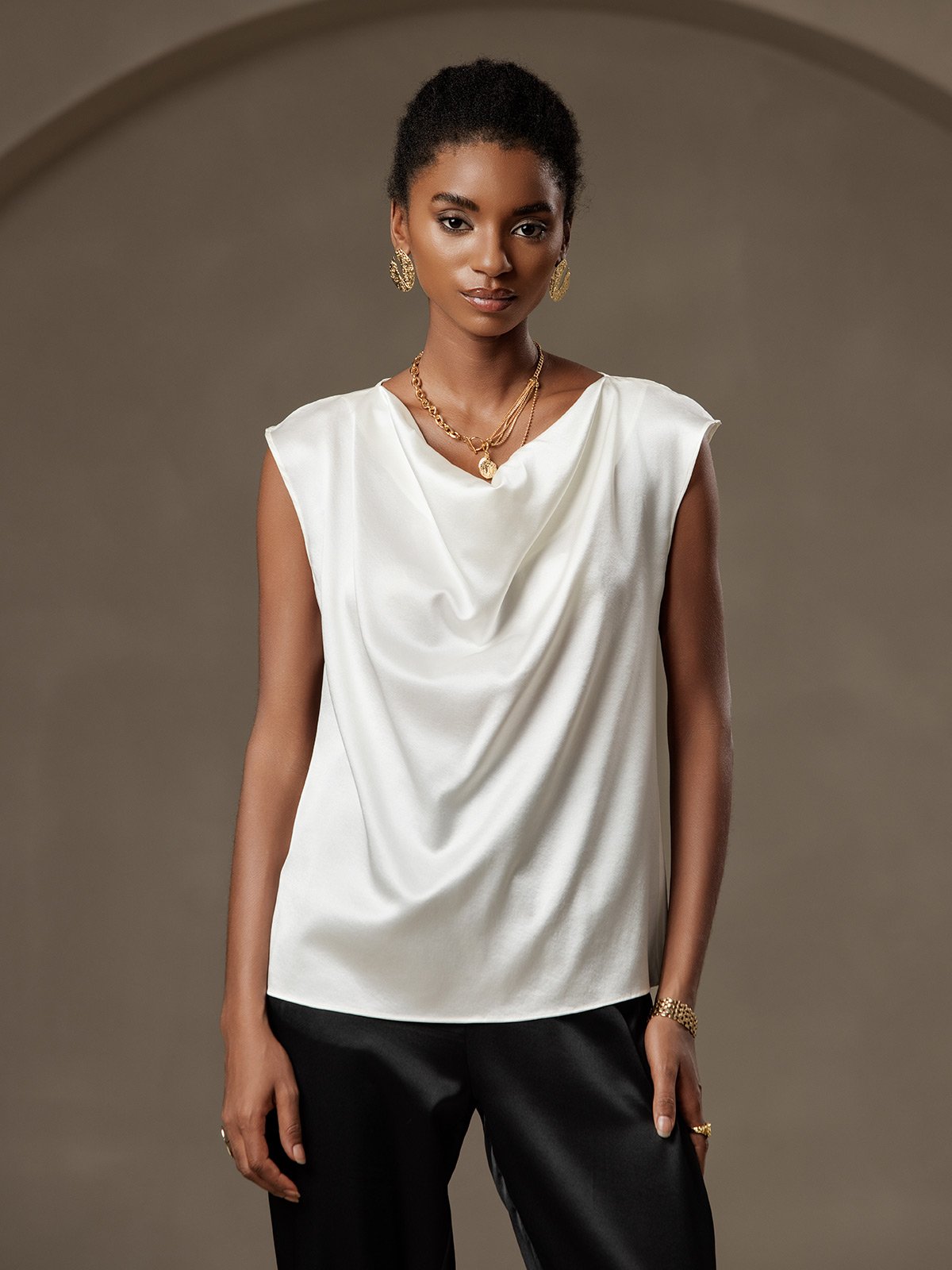 [White] SilkSilky-AU 19Momme Silk Sleeveless Cowl Neck Women's T-Shirt 001