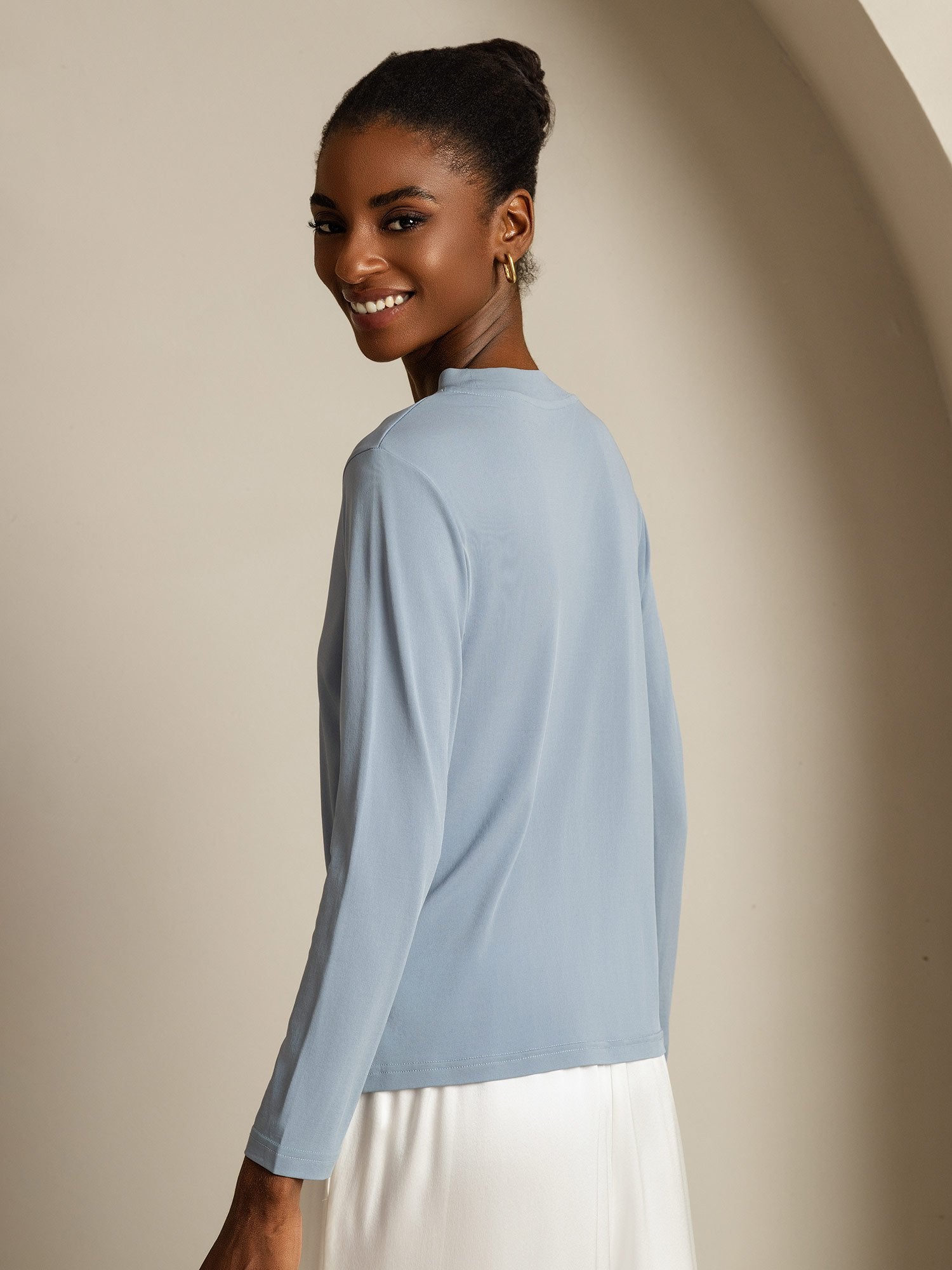 [GrayishBlue] SilkSilky-AU Pure Silk Round Neck Women's T-Shirt 002