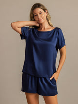 [Dark Blue] SilkSilky-AU 19Momme Machine-Washable Silk Short Sleeve Round Neck Women's Pyjamas 003