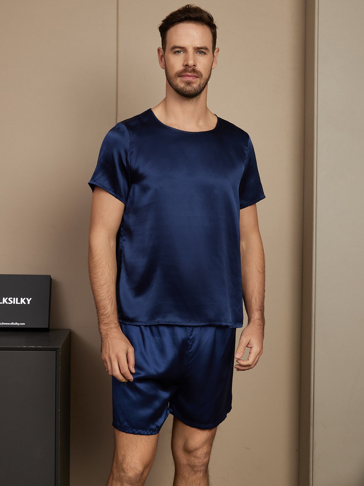 SilkSilky AU Pure Silk Short Sleeve Round Neck Men's Pyjamas DarkBlue 003