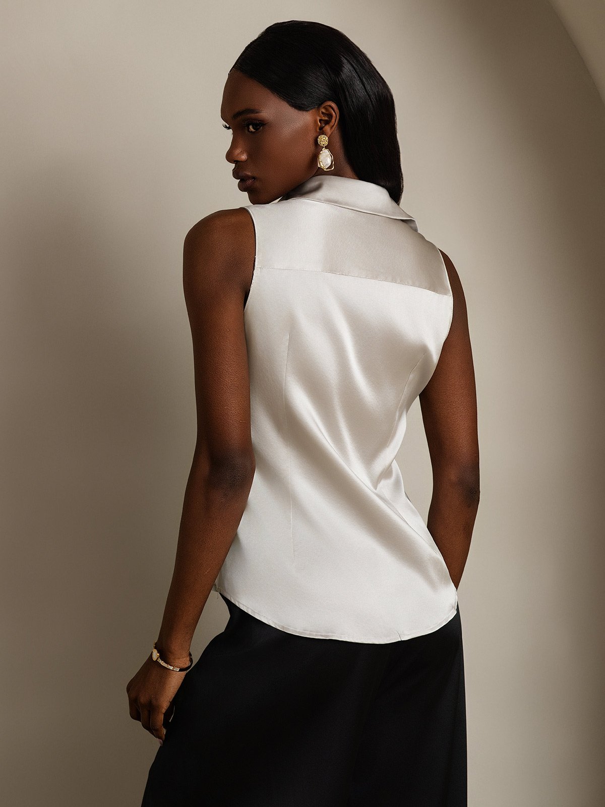 SilkSilky-AU 19Momme Silk Sleeveless Collar Women's Shirt LightGray 002