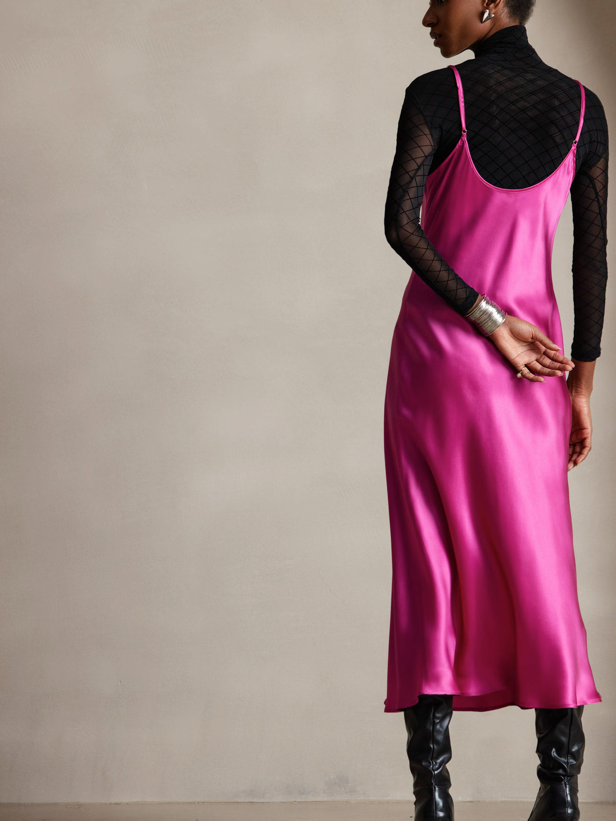 [Rose Red] SilkSilky-AU Pure Silk Round Neck Dress 002