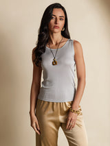 [Gray] SilkSilky-AU 100% Silk Jersey Sleeveless Round Neck Women's T-Shirt 003