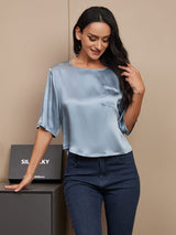 [Grayish Blue] SilkSilky-AU Half Sleeve Scoop Neck Women's T-Shirt 004