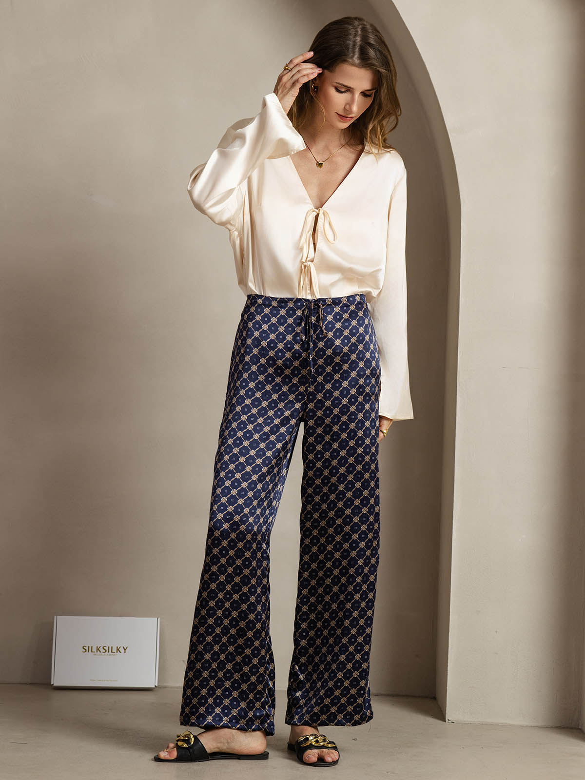 [Navy Chain] SilkSilky-AU 19Momme Silk Womens Pants 003