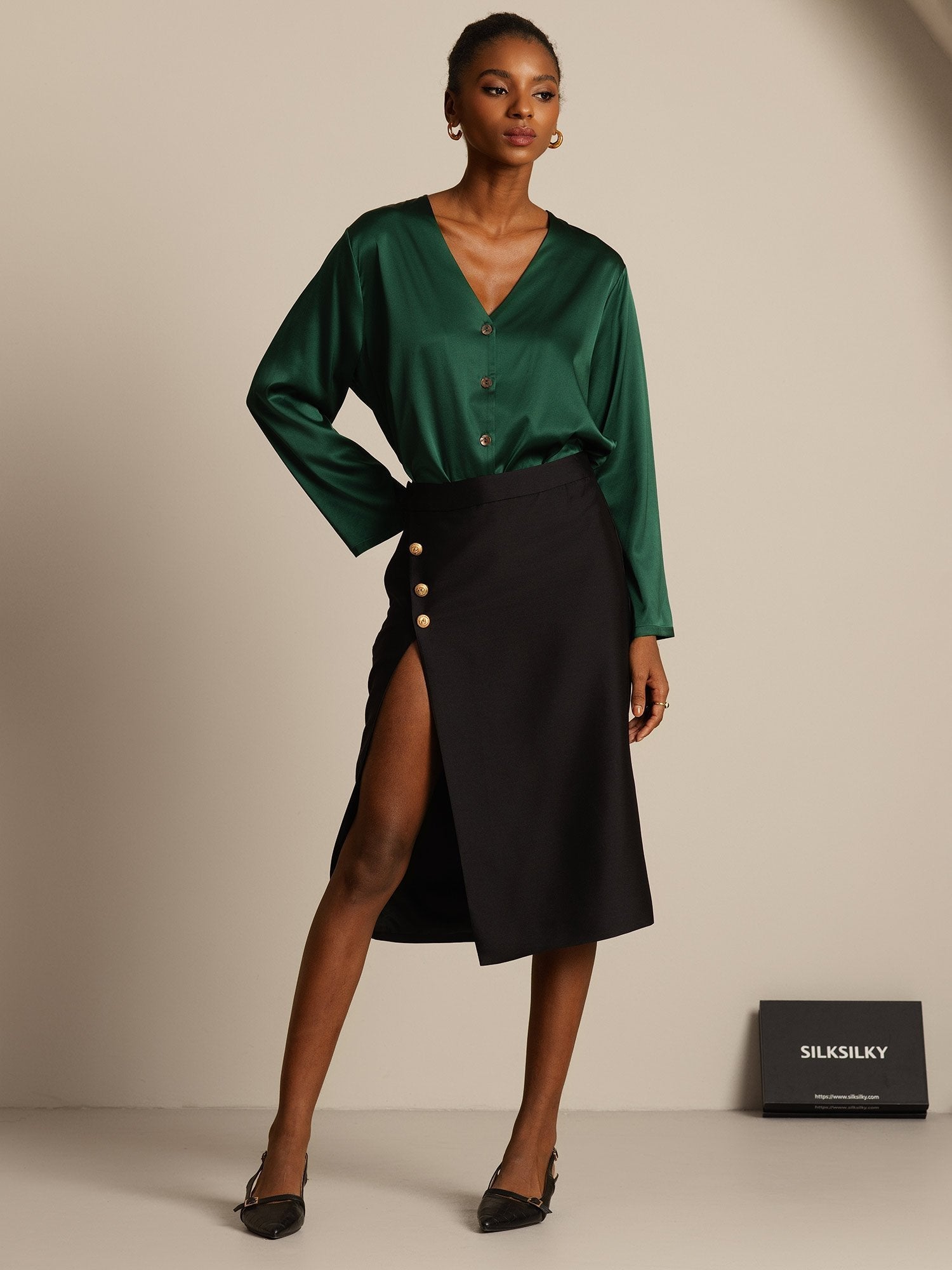 [Black] SilkSilky-AU 32Momme Wool Split Skirt 006,