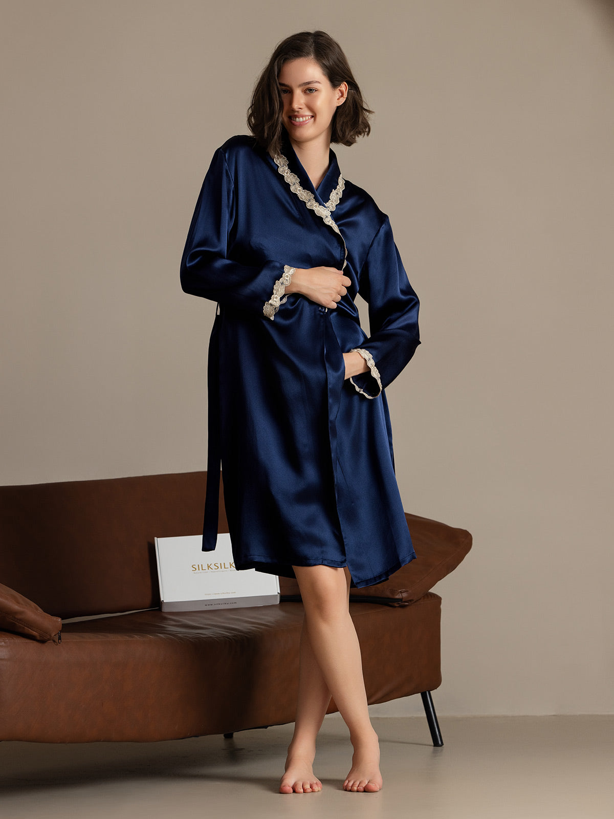 SilkSilky-AU Pure Silk Long Sleeve V Neck Women's Dressing Gown DarkBlue 004