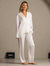 [White] SilkSilky-AU 19Momme Machine-Washable Silk Long Sleeve Notch Collar Women's Pyjamas 003