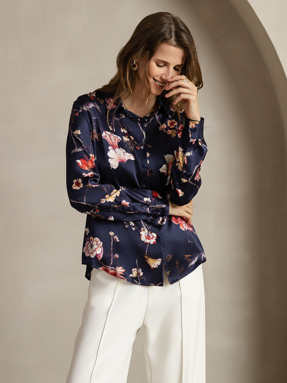 [Navy Floral] SilkSilky-AU Silk Lapel Collar Women's Shirt 004