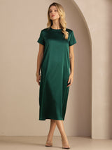 [Dark Green] SilkSilky-AU Short Sleeve Crew Neck Dress 007