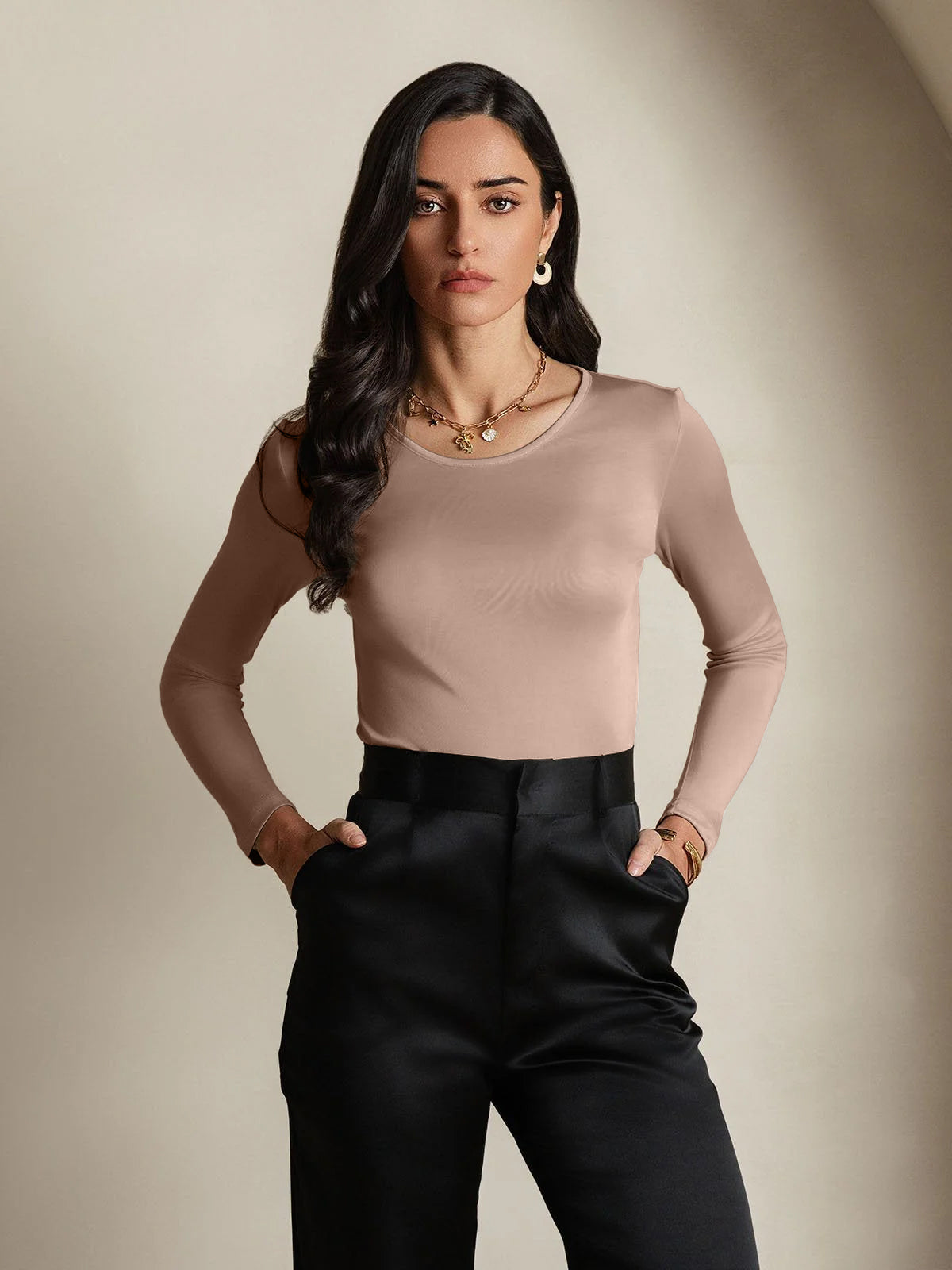 [Coffee] SilkSilky-AU Silk Round Neck Women's T-Shirt 001,