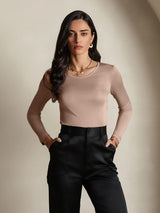 [Coffee] SilkSilky-AU Silk Jersey Long Sleeve Round Neck Women's T-Shirt 001