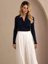 [Dark Blue] SilkSilky-AU Long Sleeve Wrap Women's Blouse 005