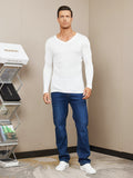 SilkSilky AU Silk Knitted Long Sleeve V Neck Men's T Shirt White 005