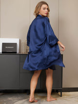 [Dark Blue] SilkSilky-AU 3/4 Sleeve V Neck Nightgown&Dressing Gown Set 002