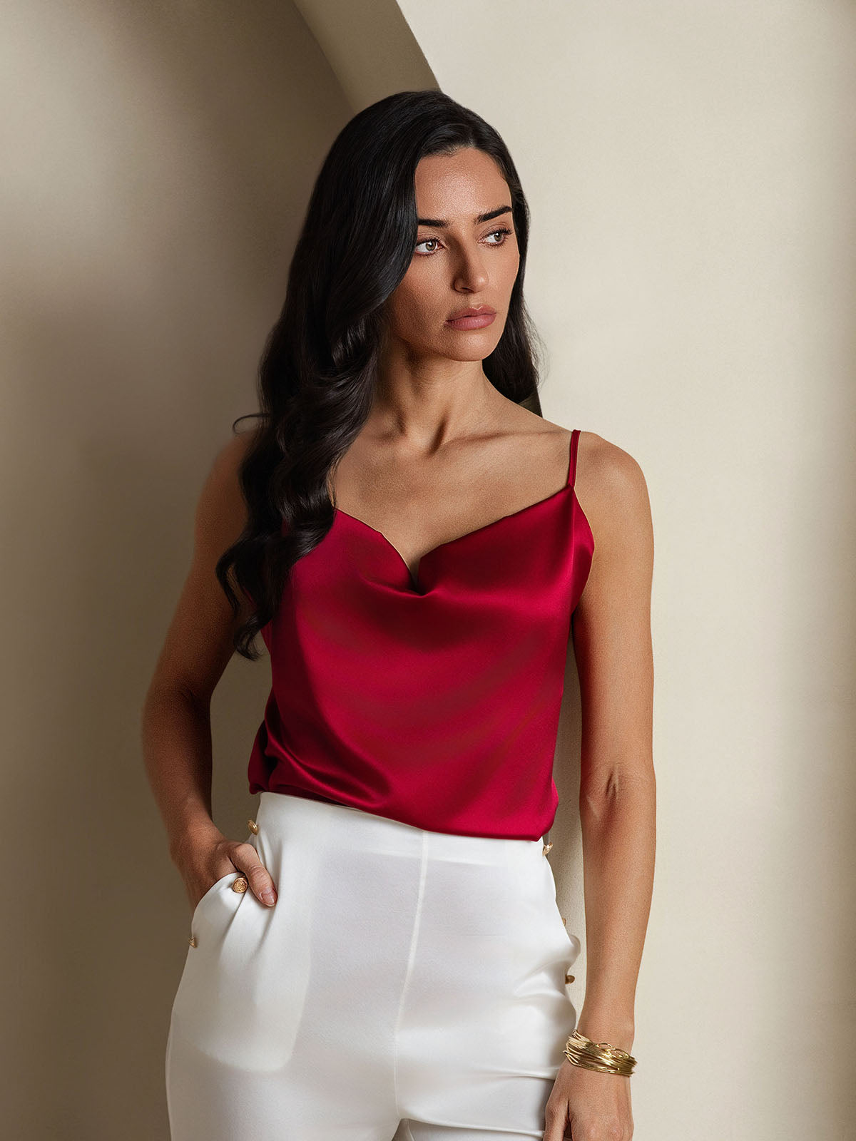 [Wine] SilkSilky-AU 19Momme Silk Spaghetti Strap Cowl Neck Camisole 003