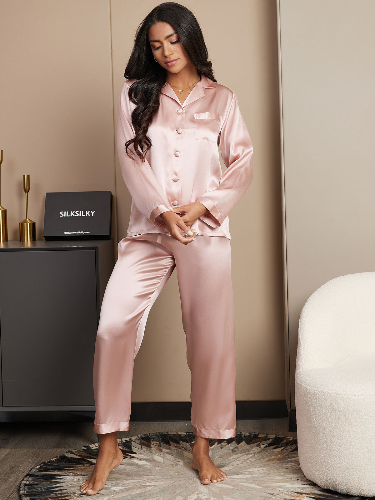 [Pink] SilkSilky-AU Pure Silk Long Sleeve Notch Collar Women's Pyjamas 004
