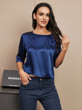 SilkSilky AU Pure Silk Half Sleeve Boat Neck Women's T Shirt DarkBlue 004