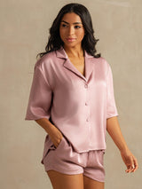 [Peach Skin] SilkSilky-AU 19Momme Machine-Washable Silk Half Sleeve Notch Collar Women's Pyjamas 005