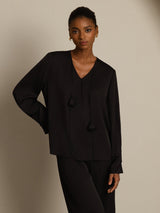 [Black] SilkSilky-AU 19Momme Stretch Silk Double Georgette Long Sleeve V Neck Blouse 003