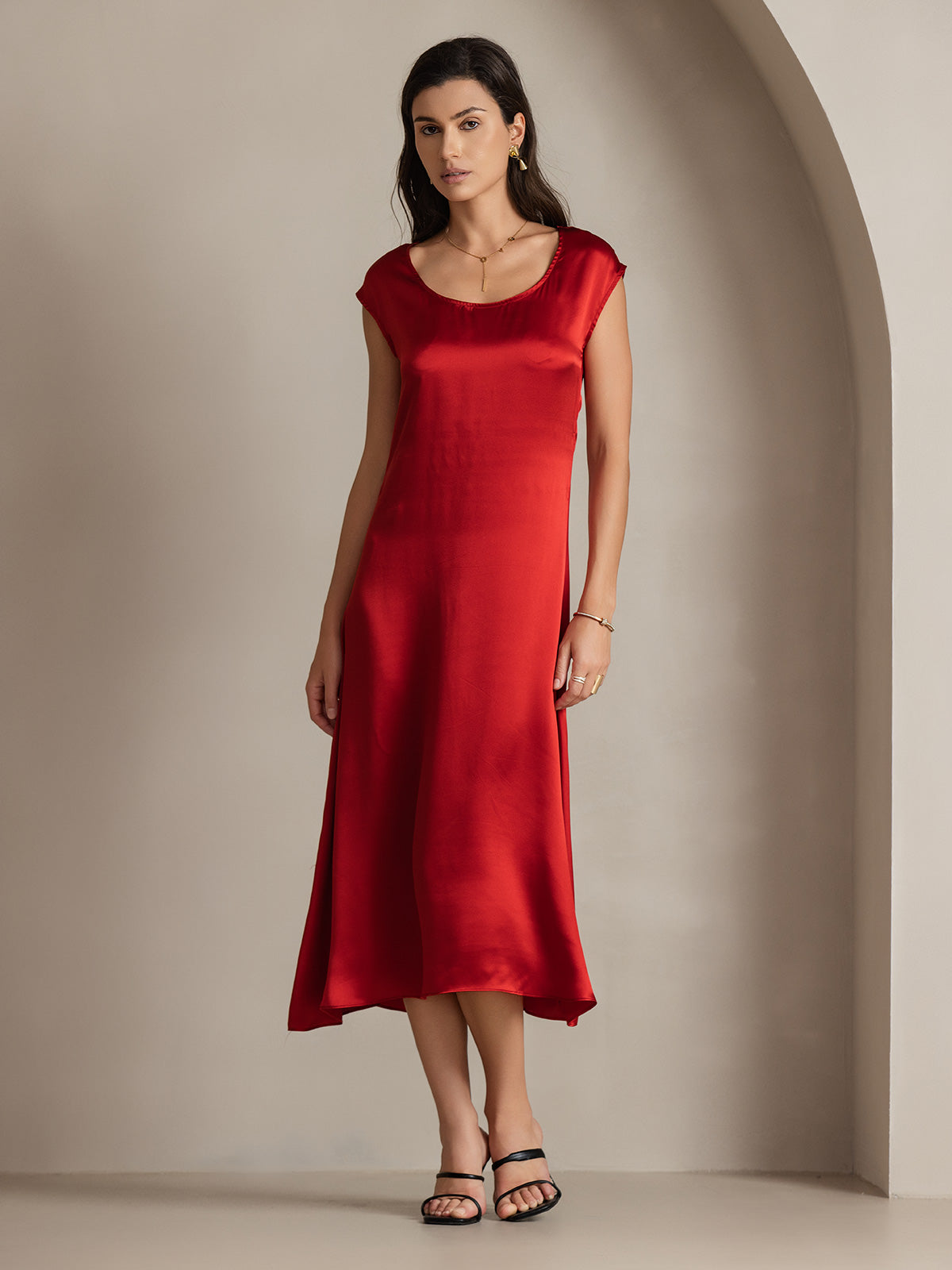 SilkSilky-AU 19Momme Silk Sleeveless Round Neck Dress Wine 001