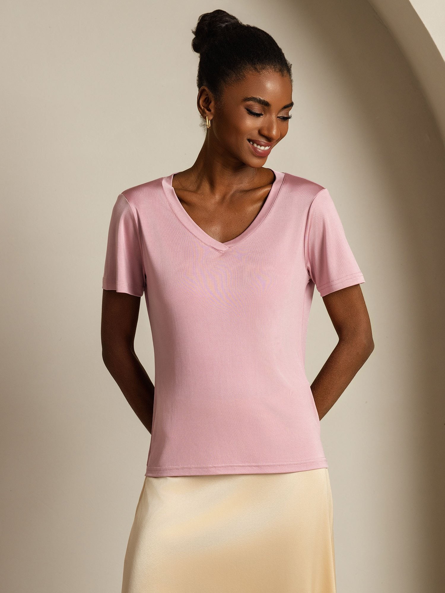 [PaleMauve] SilkSilky-AU Pure Silk V Neck Women's T-Shirt 003