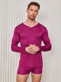 SilkSilky AU Silk Knitted Long Sleeve V Neck Men's T Shirt DarkRed 001