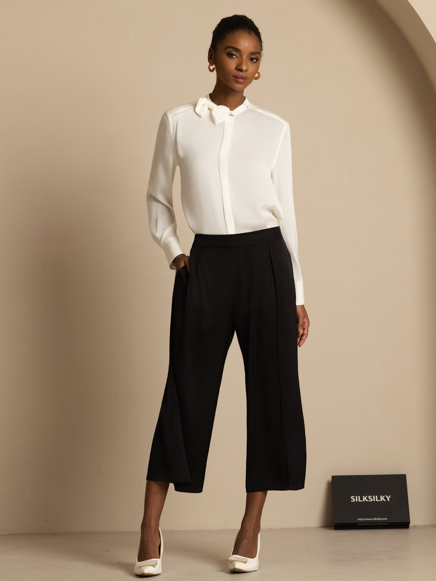 [White] SilkSilky-AU 19Momme Stretch Silk Double Georgette Long Sleeve Stand Collar Blouse 008