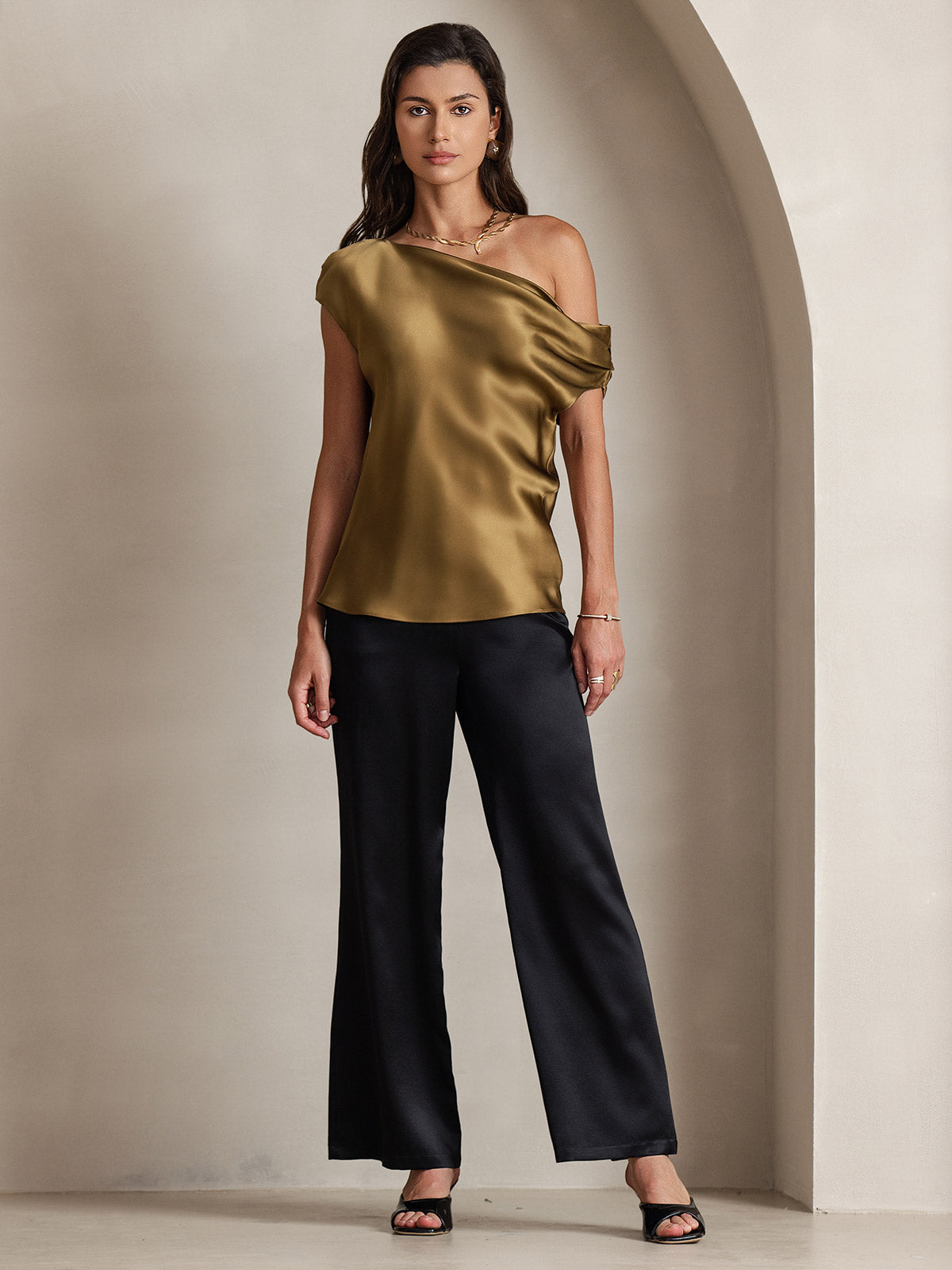 SilkSilky-AU 19Momme Silk Sleeveless One Shoulder Women's T-Shirt Brown 006