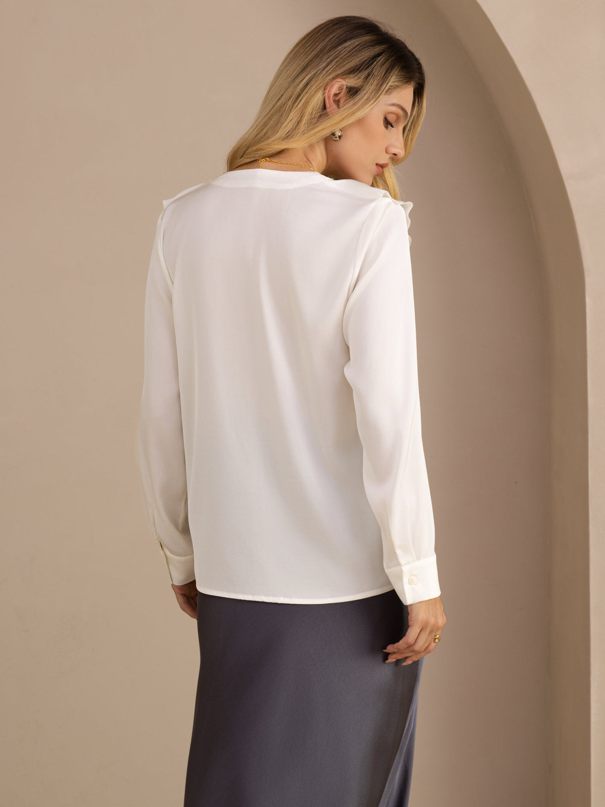 [White] SilkSilky-AU Long Sleeve Deep V Neck Women's Blouse 002