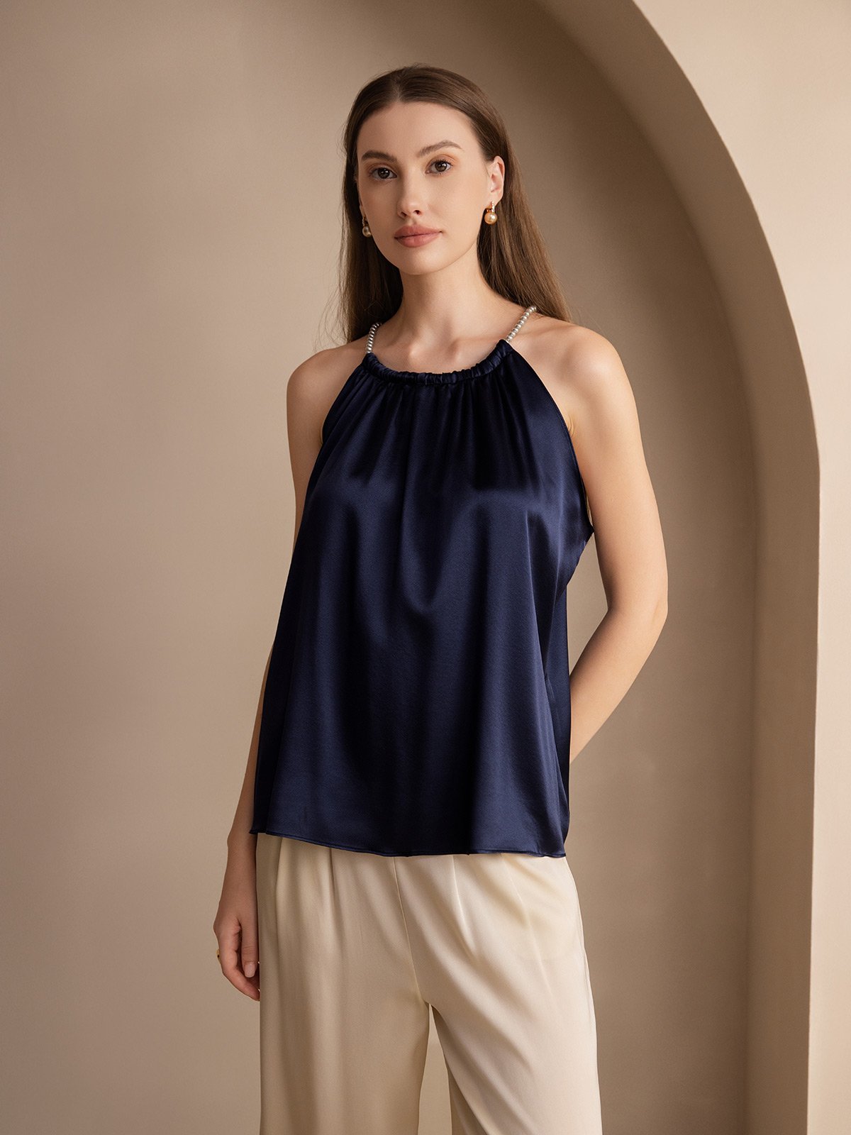 SilkSilky-AU 19Momme Silk Sleeveless Round Neck Camisole DarkBlue 001