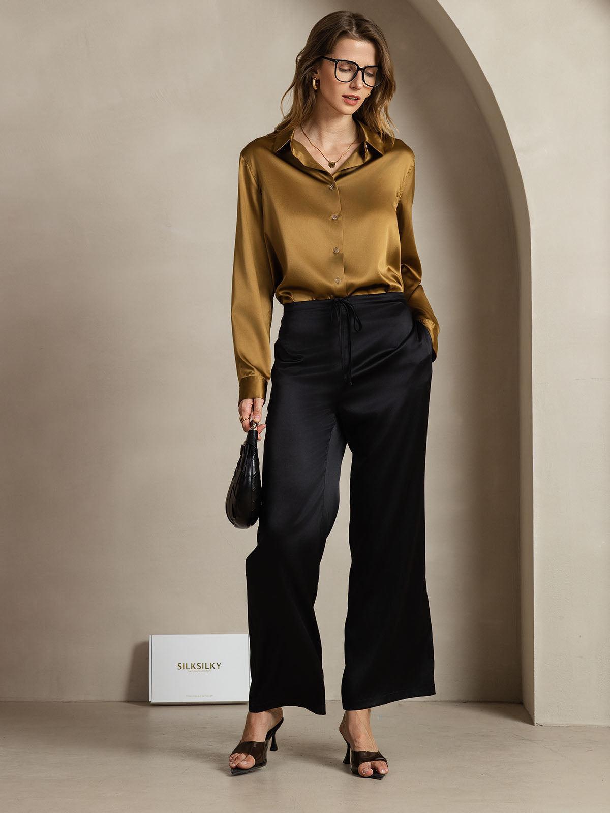 [Bronze] SilkSilky-AU Silk Long Sleeve Lapel Collar Women's Shirt 010