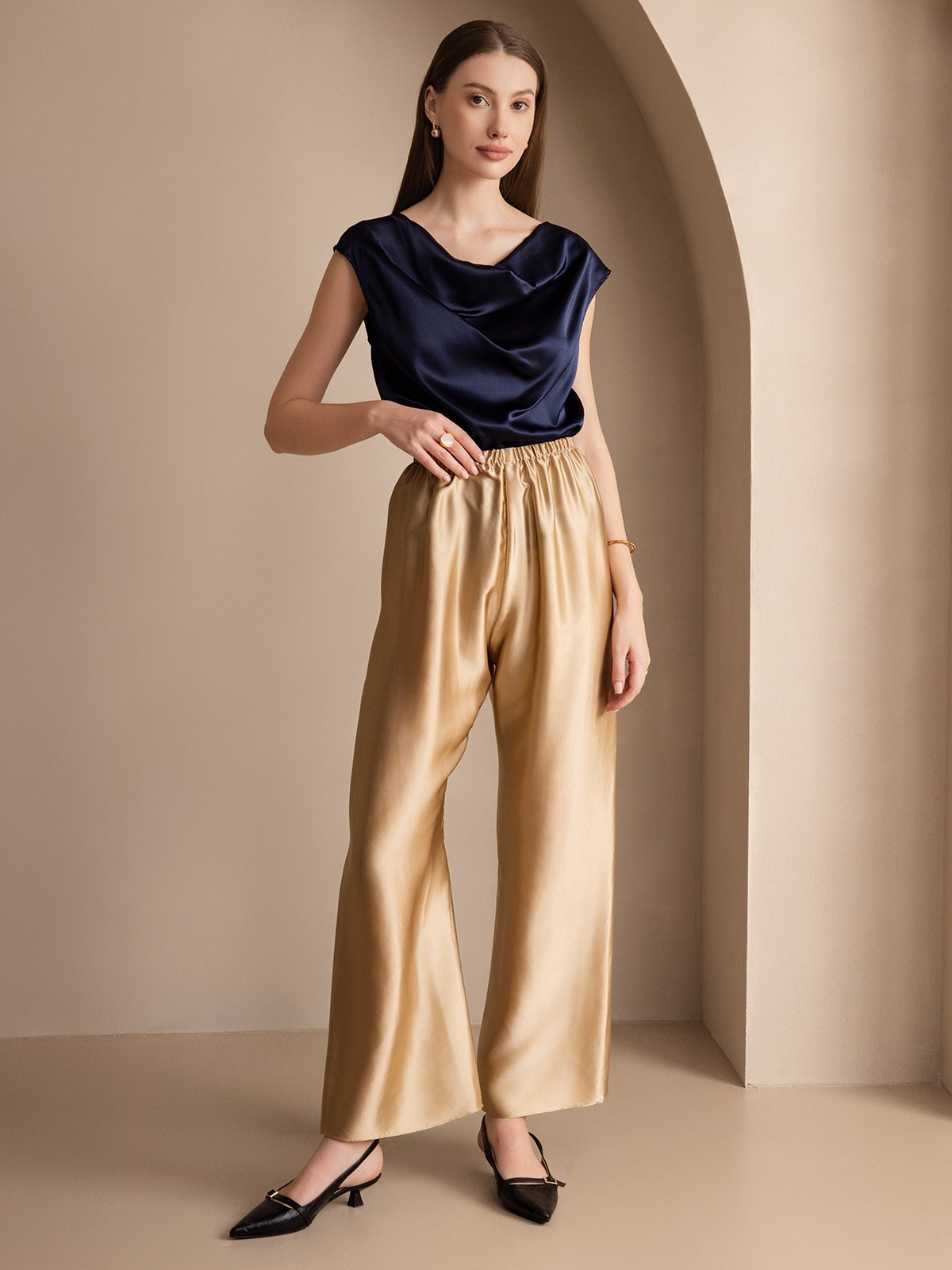 [Dark Blue] SilkSilky-AU 19Momme Silk Sleeveless Cowl Neck Women's T-Shirt 006