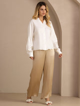 [White] SilkSilky-AU Long Sleeve Split Women's Blouse 006