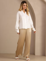 [White] SilkSilky-AU Long Sleeve Split Women's Blouse 006