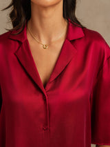 [Wine] SilkSilky-AU 19Momme Machine-Washable Silk Half Sleeve Notch Collar Women's Pyjamas 004