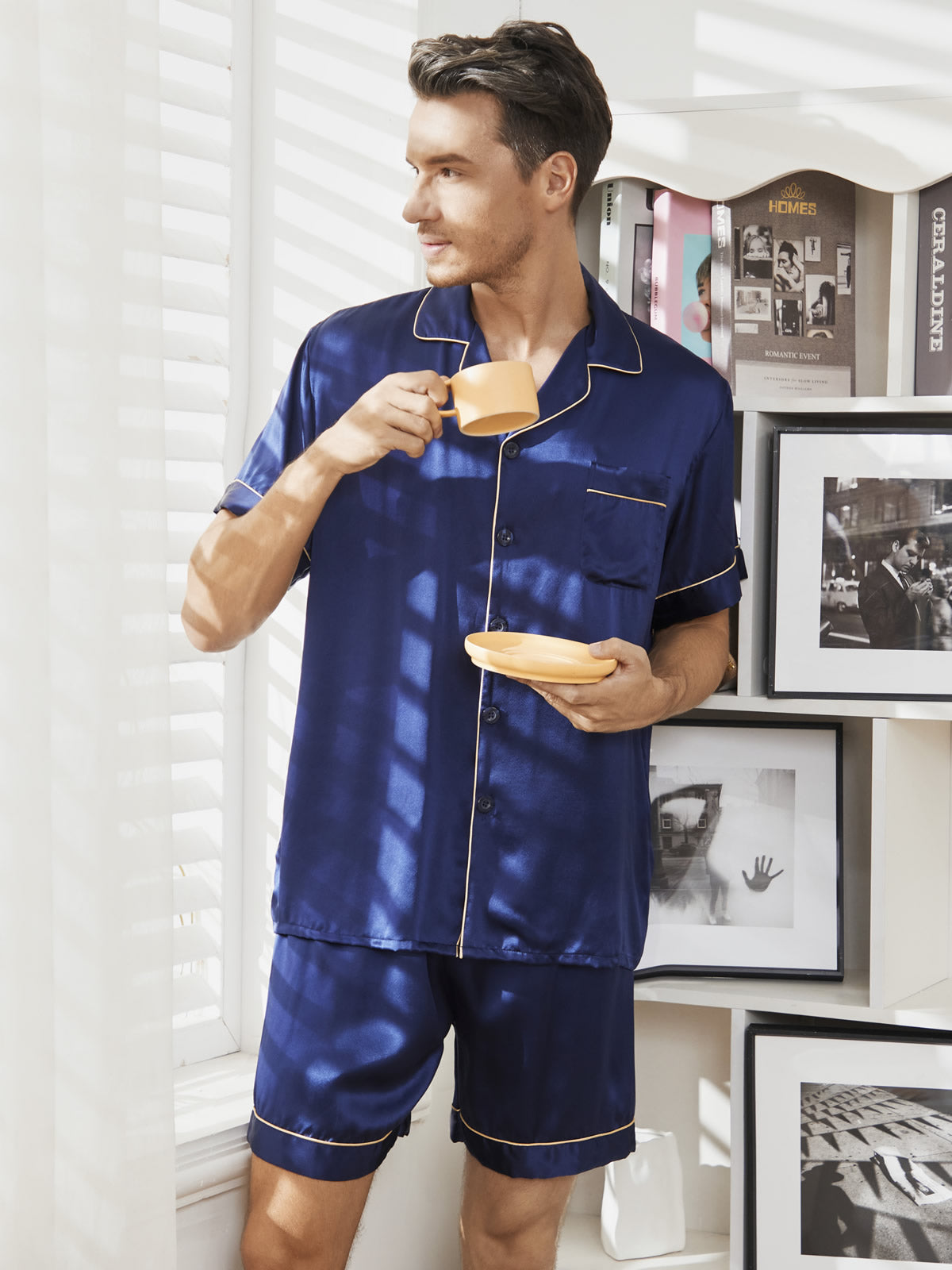 SilkSilky AU Pure Silk Short Sleeve Mens Pajamas DarkBlue 001