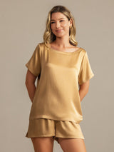 [Tan] SilkSilky-AU 19Momme Machine-Washable Silk Short Sleeve Round Neck Women's Pyjamas 007