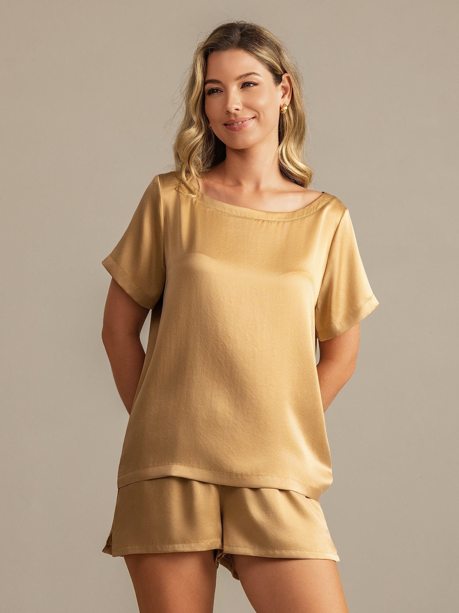 [Tan] SilkSilky-AU 19Momme Silk Round Neck Women's Pyjamas 007,