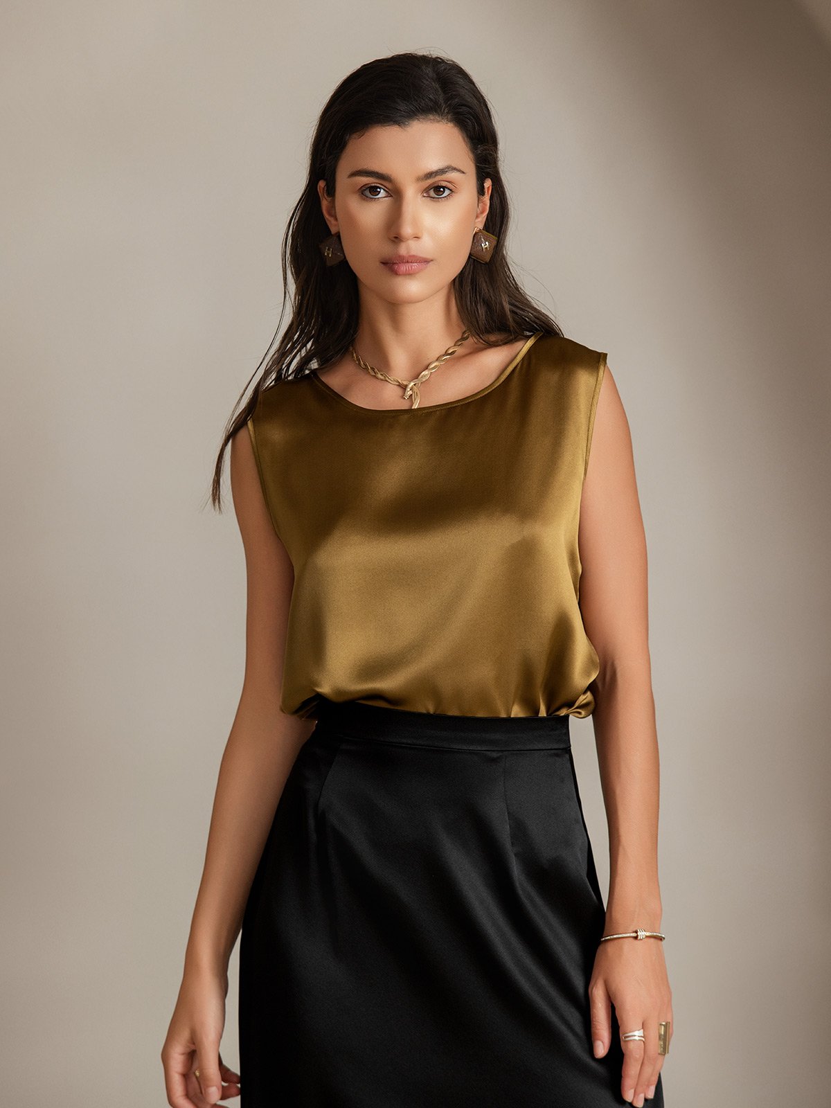 [Brown] SilkSilky-AU 19Momme Silk Round Neck Camisole 003
