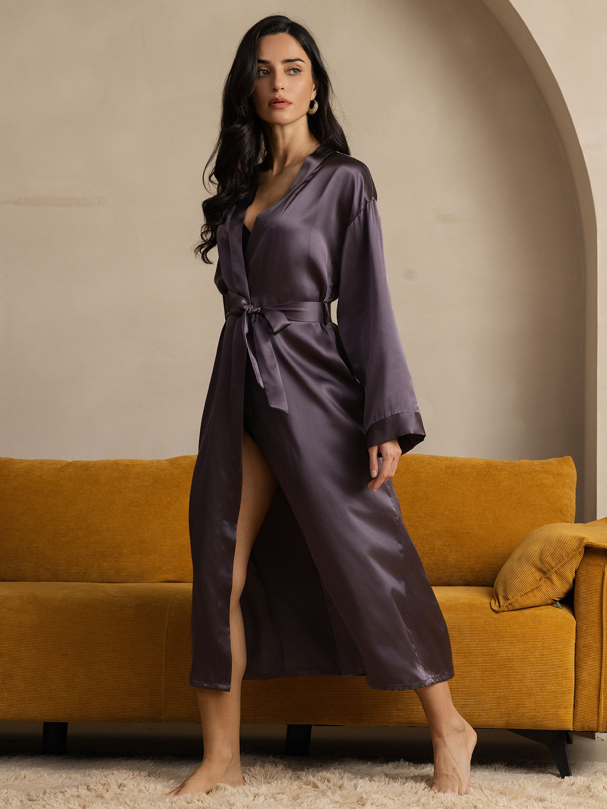 SilkSilky-AU Pure Silk Long Sleeve Womens Robe PurpleGray 004