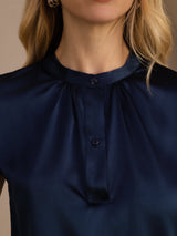 [Dark Blue] SilkSilky-AU Short Sleeve Split Women's Blouse 005