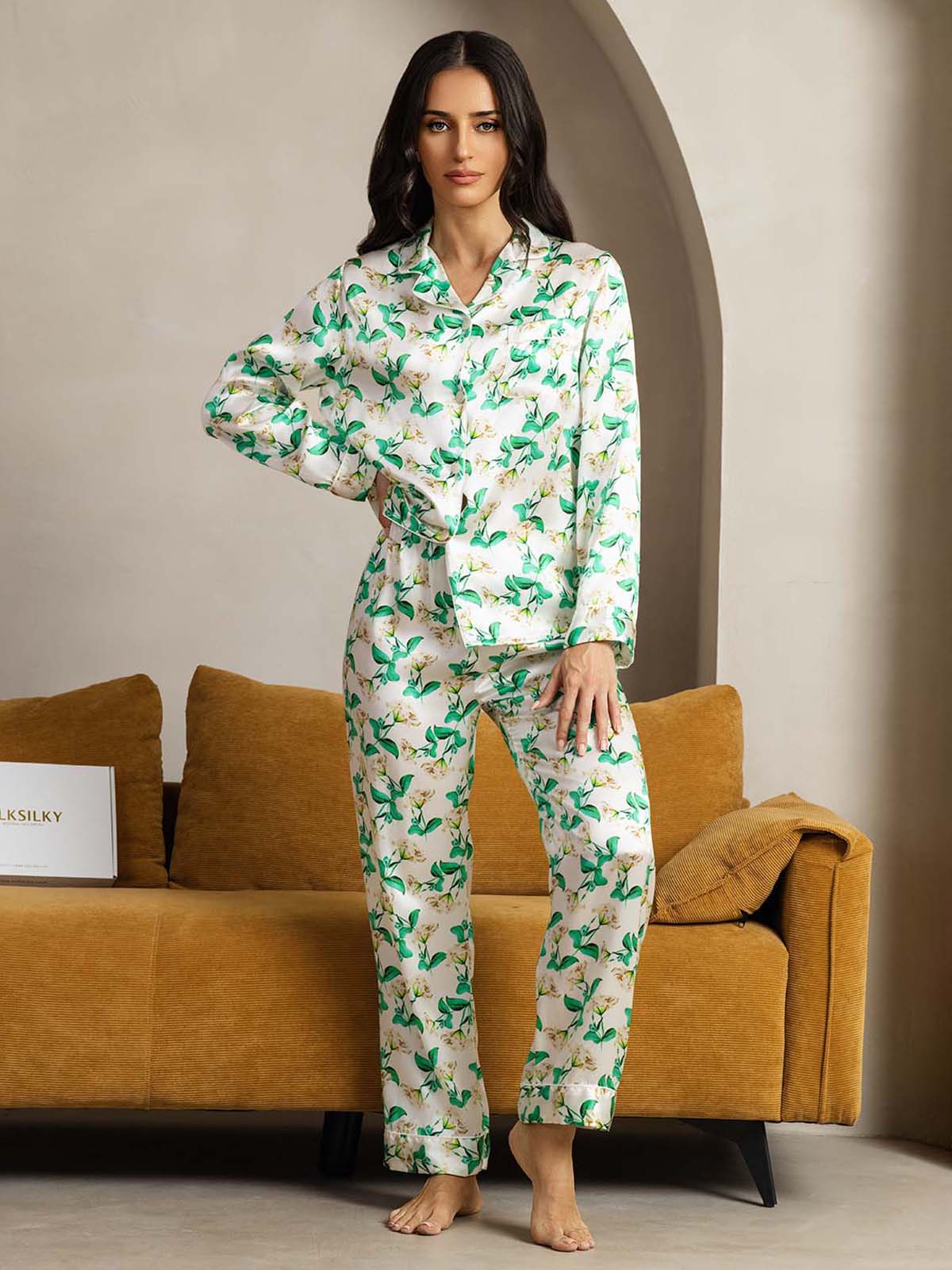 [Green Floral] SilkSilky-AU Pure Silk Womens Pajamas 001