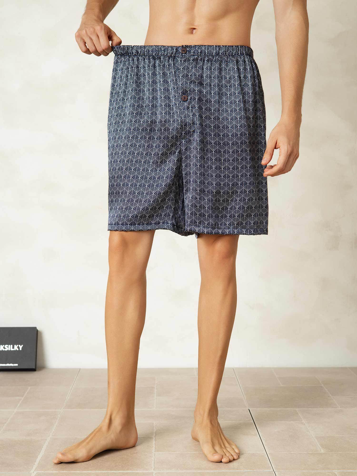 [Navy Ginkgo] SilkSilky-AU Pure Silk Mens Sleep Bottoms 005,