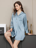 SilkSilky AU Pure Silk Long Sleeve Lapel Nightshirt SteelBlue 004