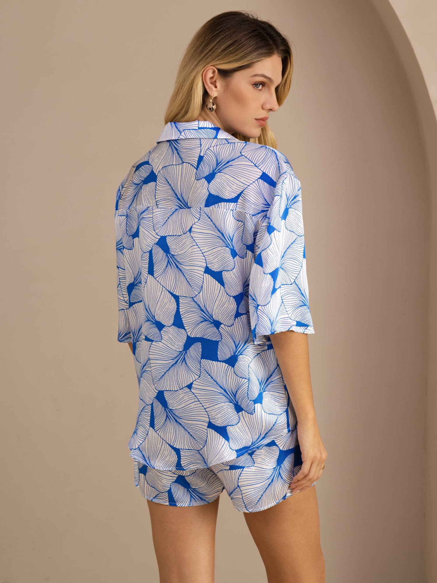 [Ice Leaf] SilkSilky-AU Short Sleeve Notch Collar Women's Pyjamas 002